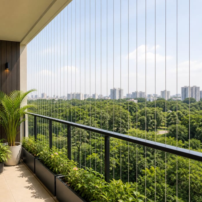 Invisible grill balcony safety with garden view in Lucknow by Mac Solutions